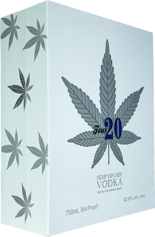 Four20 presentation box with hemp-leaf artwork, blue Four20 mark and 42.0% alcohol label